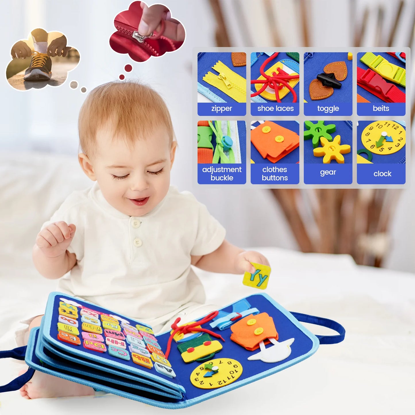 Montessori Toddler Busy Board Educational Activity for Basic Dress Motor Skills Baby Learning Toys for Travel Oremma